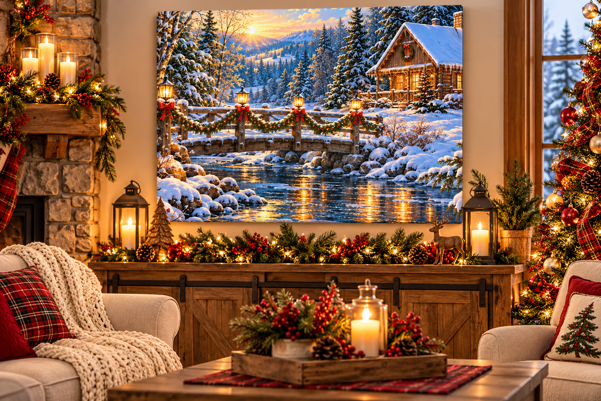 Christmas Cabin Bridge Canvas Wall Art