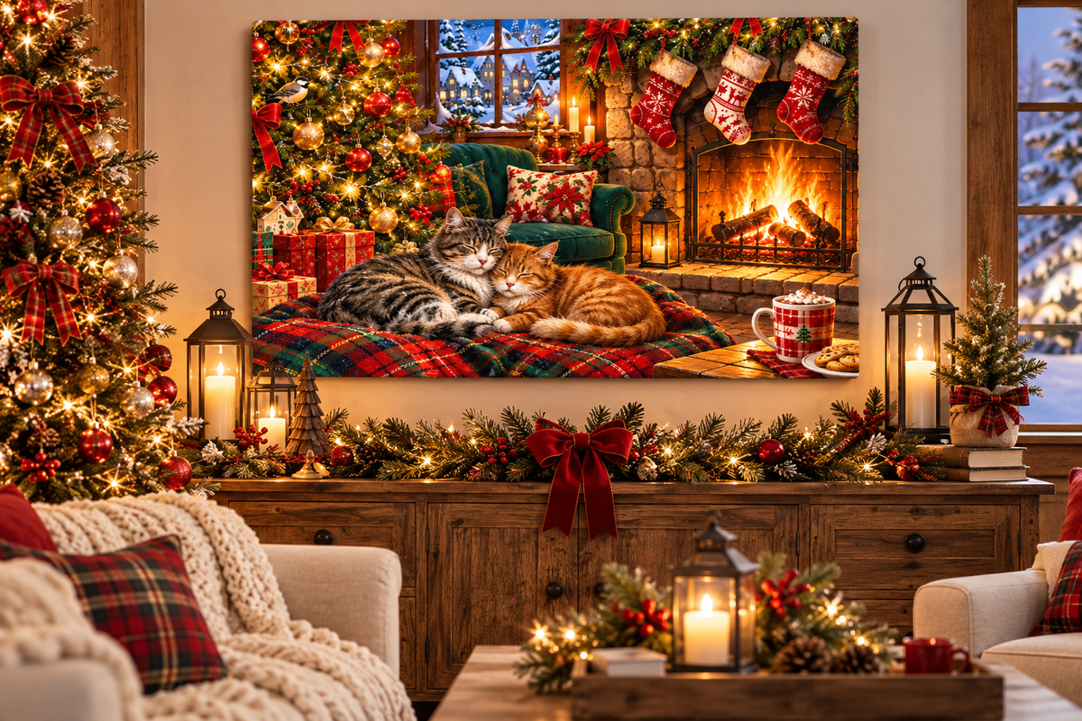 Christmas Cat Cuddles Canvas Wall Art