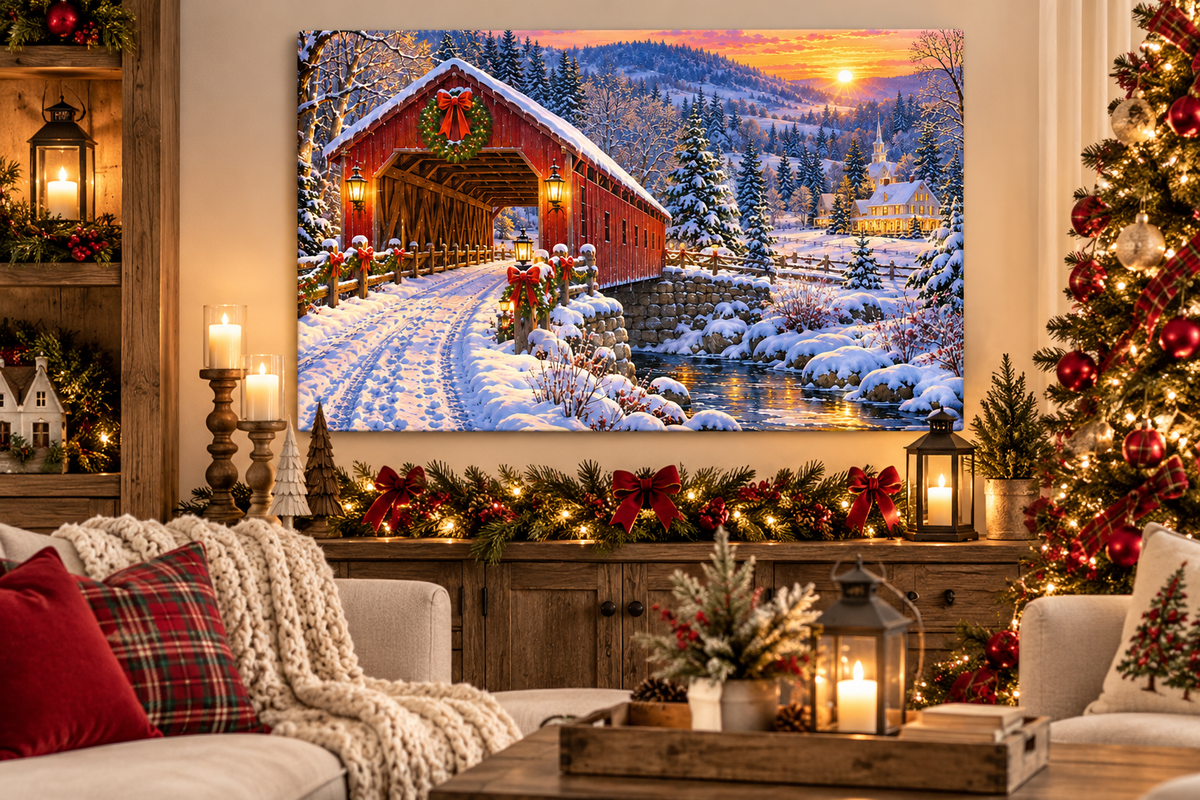 Christmas Covered Bridge Canvas Wall Art