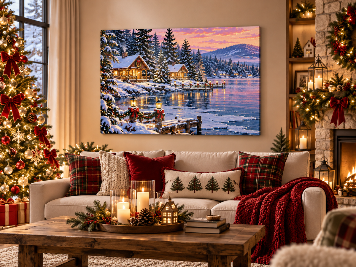 Christmas Lakeside Cabins Canvas Wall Art