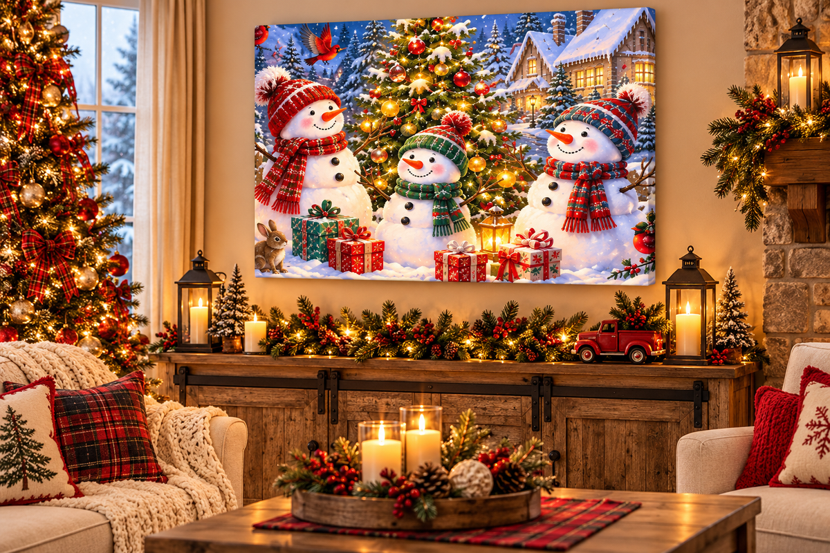 Christmas Snowman Gathering Canvas Wall Art