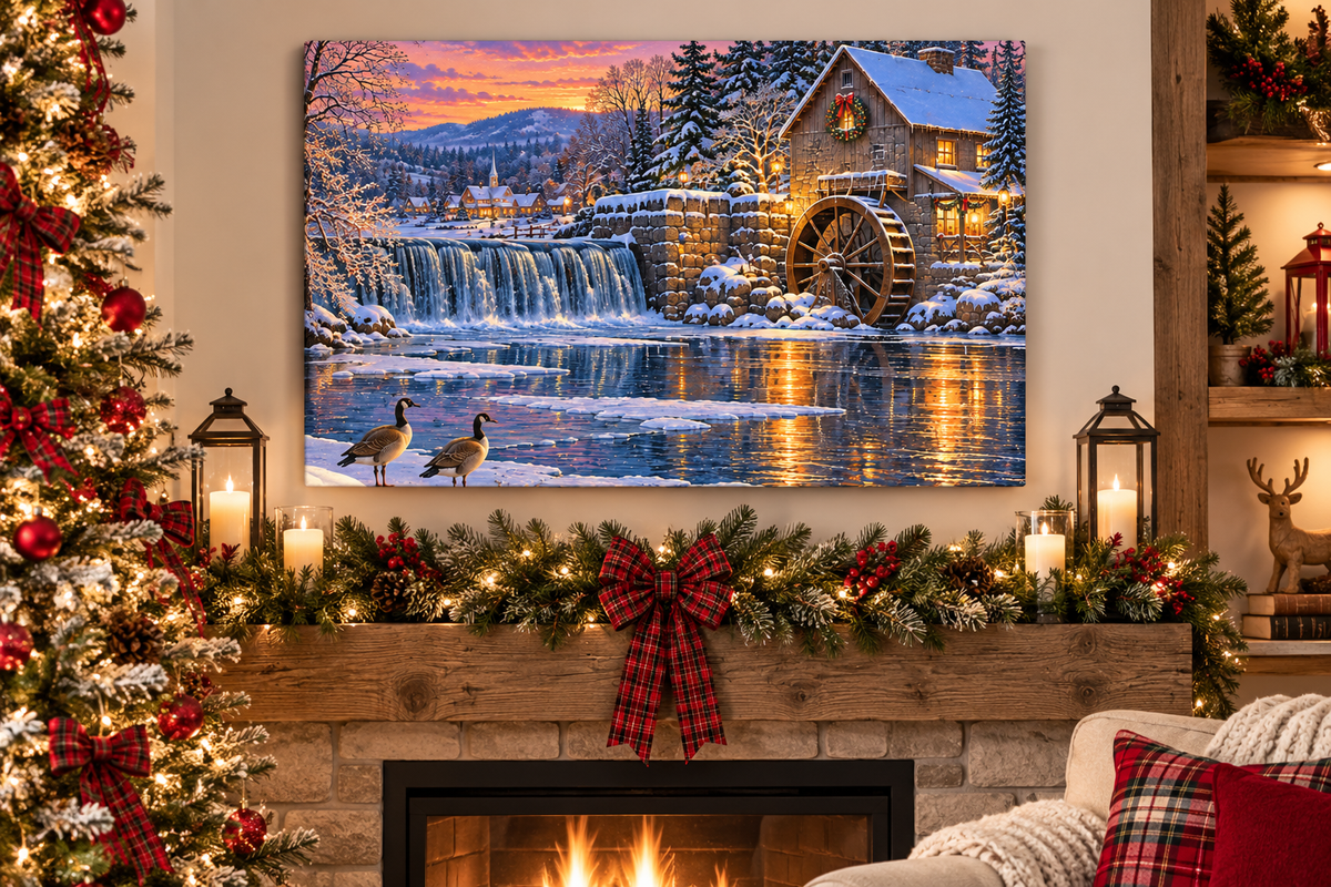 Christmas Watermill Canvas Wall Art
